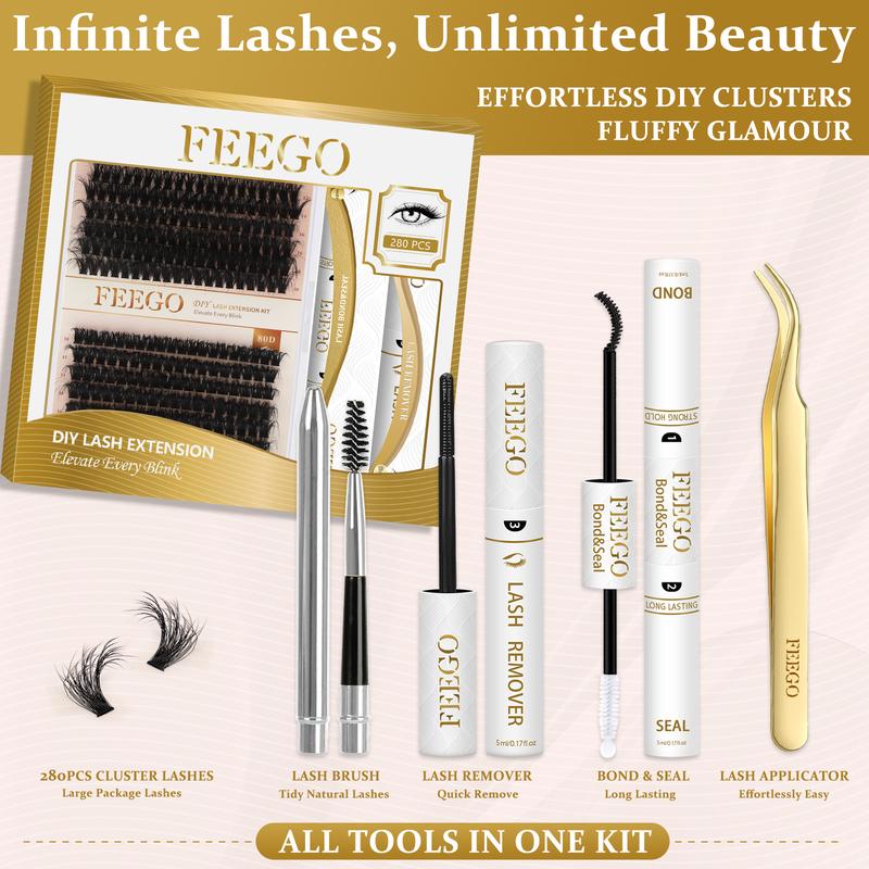 FEEGO 280Pcs False Eyelashes 60D80D 10-18MM Fluffy Eyelash Kit with Tweezers Brush Remover Bond and Seal D Curl Lash Extensions Set novice DIY and professional cosmetologists to use Dense Eyelashes Quick Drying Styling Makeup Cosmetic