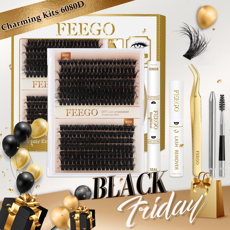 FEEGO 280Pcs False Eyelashes 60D80D 10-18MM Fluffy Eyelash Kit with Tweezers Brush Remover Bond and Seal D Curl Lash Extensions Set novice DIY and professional cosmetologists to use Dense Eyelashes Quick Drying Styling Makeup Cosmetic