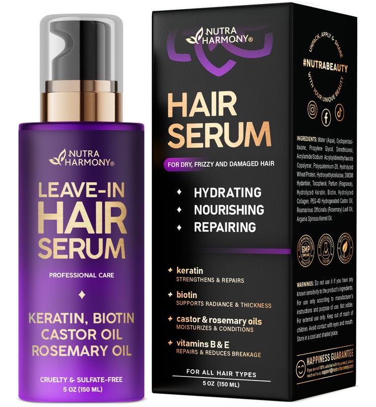 Hydrating Hair Serum For Frizzy, Dry and Damaged Hair - Leave-In Conditioner with Keratin | Biotin | Castor & Rosemary Oils | Vitamins B & E Treatment - Heat Protection - Paraben & Sulfate Free