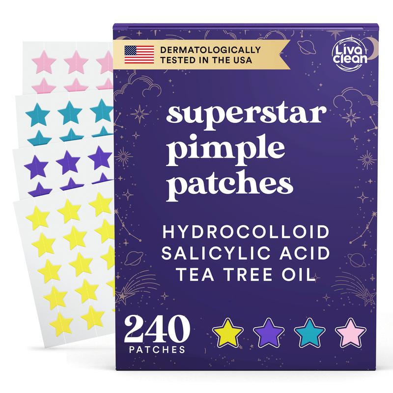 LivaClean 240 CT Superstar Pimple Patches w Salicylic Acid & Tea Tree, Star Acne Patches for Face, Hydrocolloid Acne Patches Cute Zit Patches for Star Face Pimple Patch Healing Sticker - Blemish Skincare Daily Skin Repair