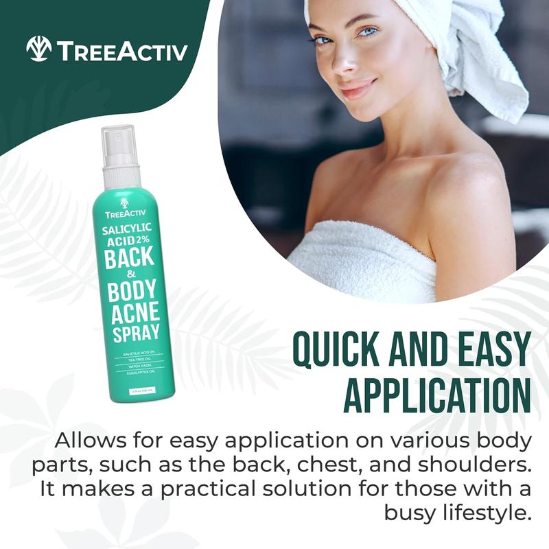 TreeActiv Body Acne Treatment Spray 4 fl oz, 2% Salicylic Acid Spray, Back Acne Spray, Tea Tree Oil Spray with Aloe Vera, Body Acne Spray, Back Acne Solution, Butt Acne Clearing Treatment, 1000+ Uses