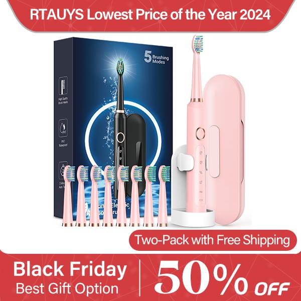 RTAUYS M5 Sonic Electric Toothbrush for Adults - Rechargeable Electric Toothbrushes with 8 Brush Heads & Holder, Travel Case, Power Electric Toothbrush with Holder，120 Days Battery Life