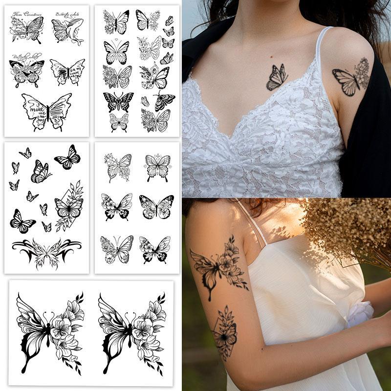 Butterfly & Flower Pattern Temporary Tattoo Sticker, 5 Counts set Fake Tattoo Sticker for Women & Girls, Fake Tattoos for Women & Men