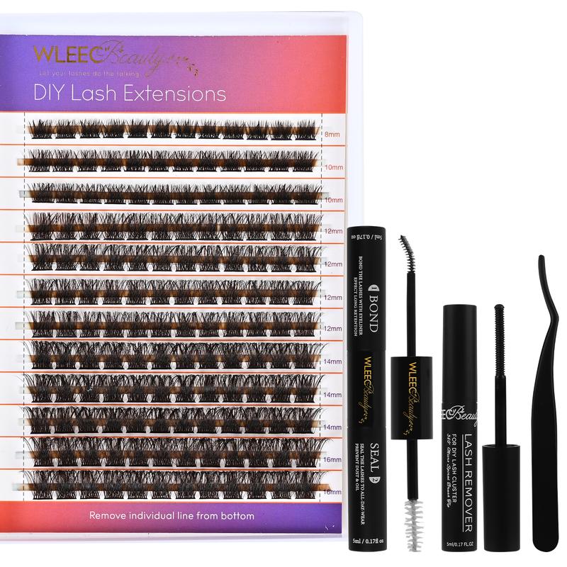 Wleec Beauty Lash Extension Kit, 280PCS D Curl Lash Clusters Kit with Lash Bond and Seal, Lash Remover, Lash Tweezers, Mix 8-16mm Brown Lash Clusters Wispy, Individual Lashes D Curl Cluster Eyelash Extension Makeup for DIY Lash Extension Kit at Home