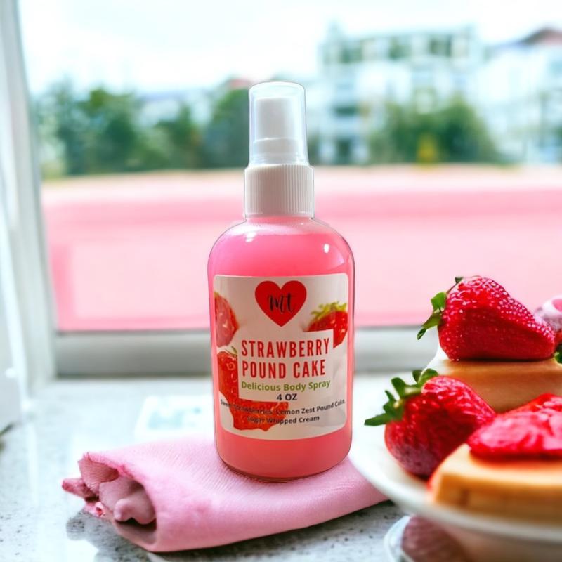 Strawberry Pound Cake Body Spray, perfume spray, fresh strawberry, whipped cream, warm pound cake, lemon zest, women’s perfume spray, cruelty free, vegan friendly, Body Care Fragrance Scented Aroma Scent