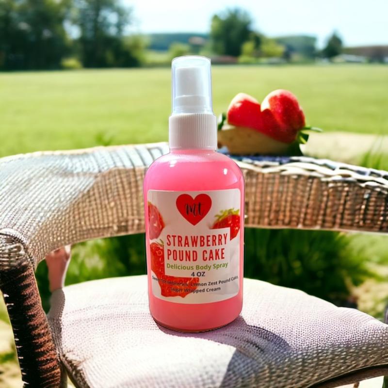 Strawberry Pound Cake Body Spray, perfume spray, fresh strawberry, whipped cream, warm pound cake, lemon zest, women’s perfume spray, cruelty free, vegan friendly, Body Care Fragrance Scented Aroma Scent