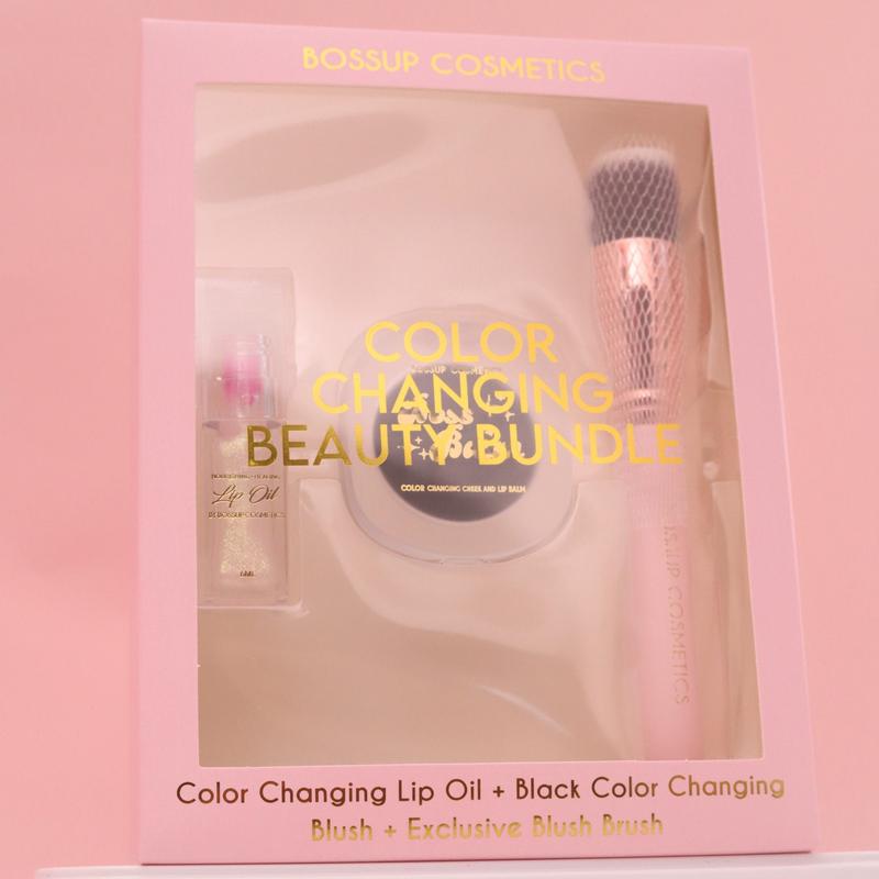 BossUp Cosmetics Beauty Bundle: Color Changing Lip Oil + Black Color Changing Blush + Blending Brush - Makeup