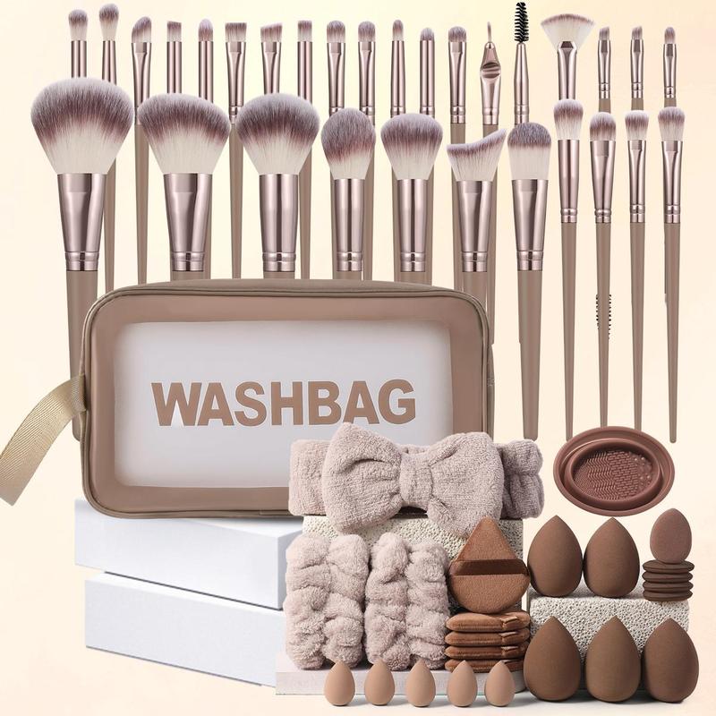 Makeup Tool Set, 55pcs set Makeup Brush Set & Sponge & Powder Puff & Headband & Wristband & Cleaning Tool & Wash Bag, Professional Makeup Tools for Women, Christmas Gift