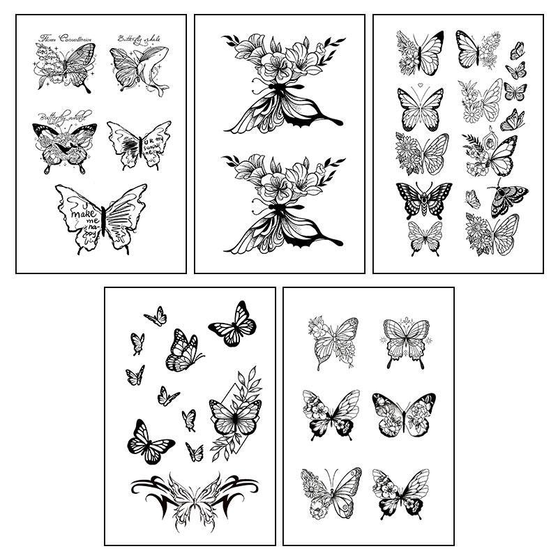 Butterfly & Flower Pattern Temporary Tattoo Sticker, 5 Counts set Fake Tattoo Sticker for Women & Girls, Fake Tattoos for Women & Men