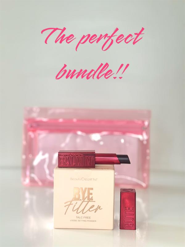 Everything you need for a perfect beauty routine in one chic bundle - THE PERFECT BUNDLE  - BYE FILTER TRANSLUCENT DREAM + BALM N CUTE CHERRY + WATER RESISTANT ZIPPERED TRAVEL COSMETIC POUCH - BEAUTY CREATIONS Matte Smooth Lightweight Makeup