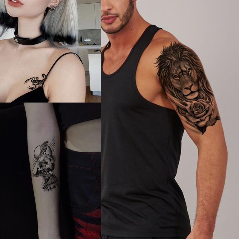 Teens 36 Sheets Large Black Arm Temporary Tattoos For Men Forearm Women Thigh, Half Sleeve Animals Lion Tiger Wolf Temp Tattoo Stickers Adults, Death Skull Compass Flower Fake Tattoos That Look Real Durable  Teens