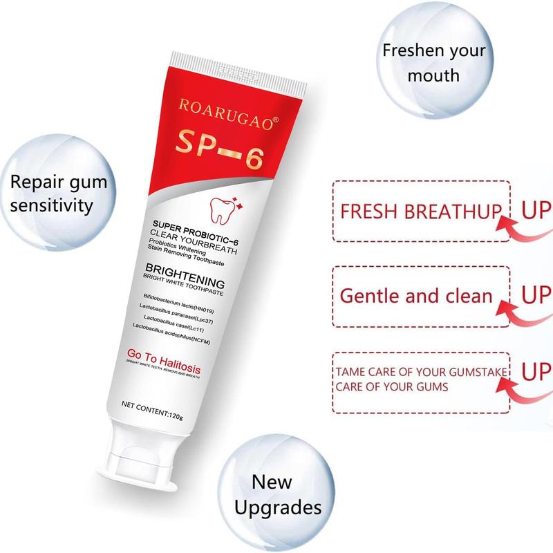 SP-6 Probiotic Toothpaste：Enhanced Formula Balances The Oral Microbiome, Removes Stains, And Provides Long-lasting Fresh Breath.