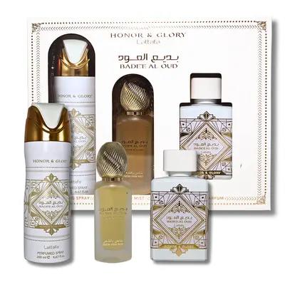 (3pc Gift Set) Honor and Glory by Lattafa 3.4oz EDP + 1.7oz Hair Mist + 6.8oz Body Spray