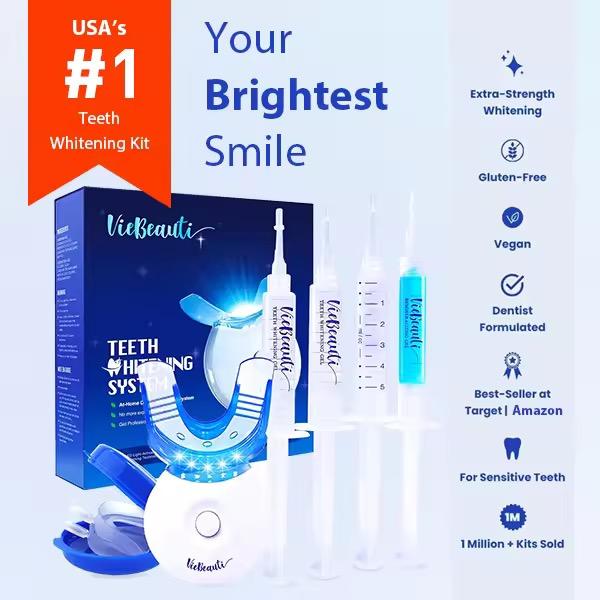 VieBeauti Teeth Whitening Kit - 5X LED Light Tooth Whitener with 35% Carbamide Peroxide, Mouth Trays, Remineralizing Gel and Tray Case - Built-in 10 Minute Timer Restores Your Gleaming White Smile Oral Gentle Black Friday Christmas gift