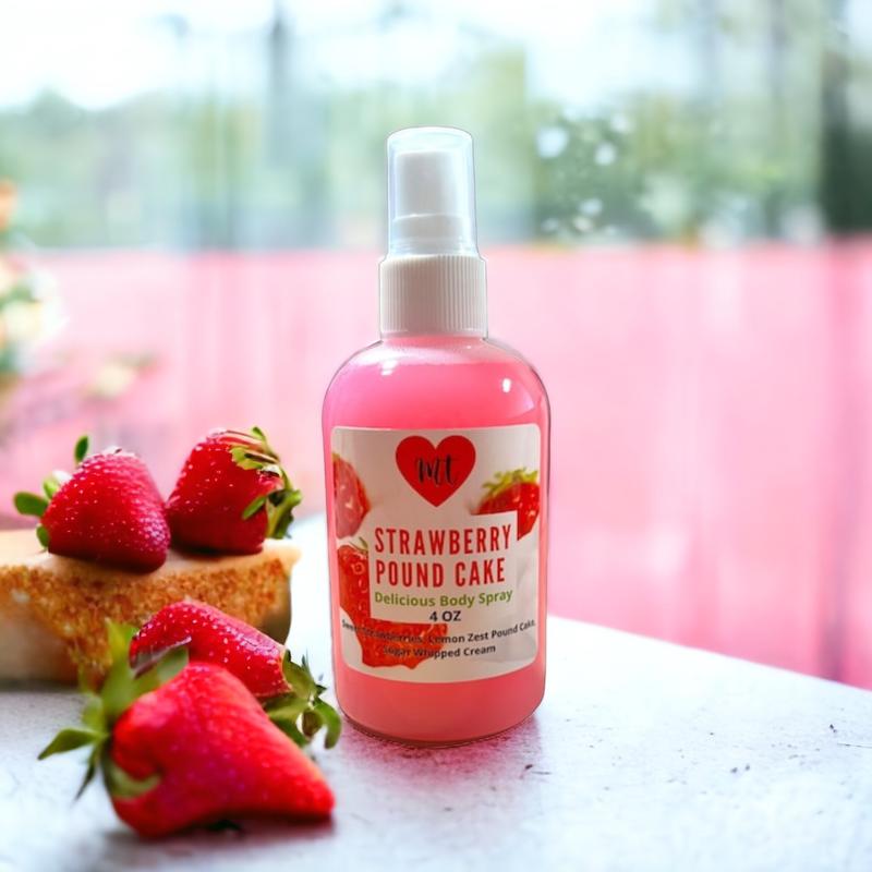 Strawberry Pound Cake Body Spray, perfume spray, fresh strawberry, whipped cream, warm pound cake, lemon zest, women’s perfume spray, cruelty free, vegan friendly, Body Care Fragrance Scented Aroma Scent