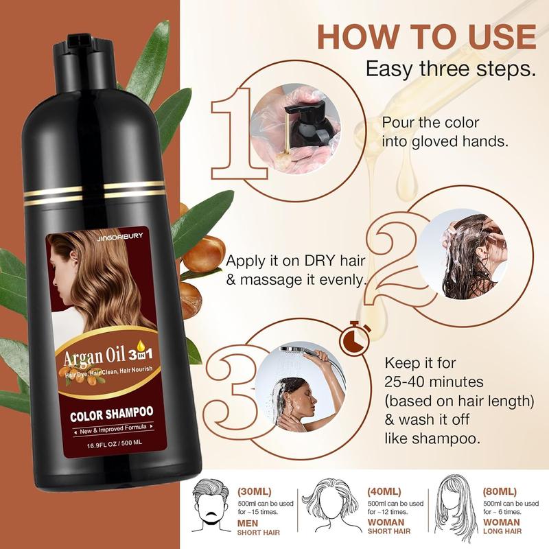 3-in-1 Argan Oil Hair Dye Shampoo,Hair Color Shampoo for Gray Hair, Brown Instant Dye Shampoo for Women & Men, Natural Plant Hair Dye Kit Colors Hair in Minutes, Long-Lasting, Easy to Use Haircare