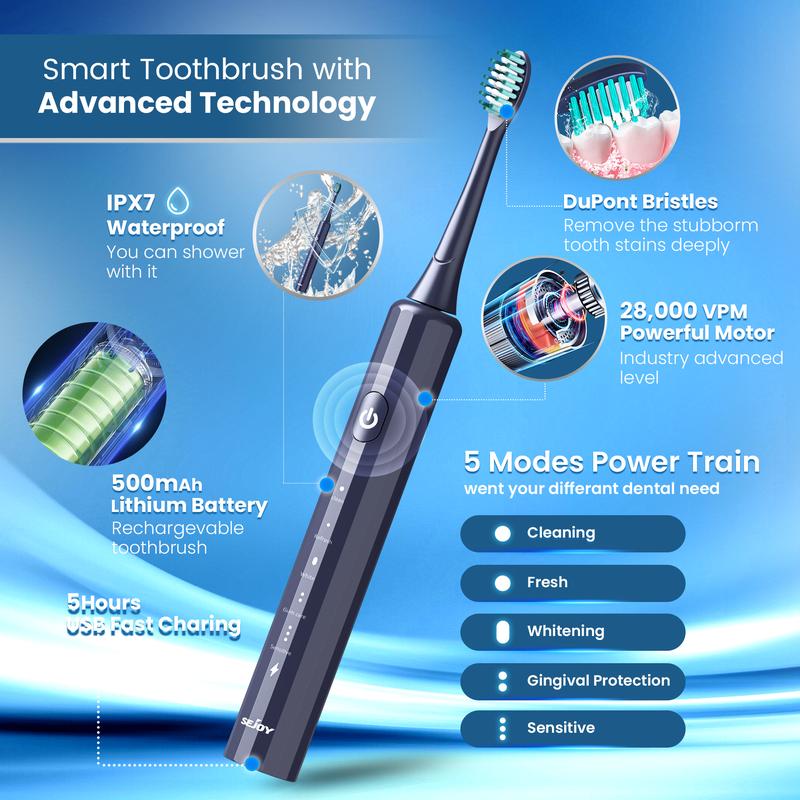 SEJOY Sonic Electric Toothbrush Rechargeable Power 5 Modes Timer, With 8 Brush Heads