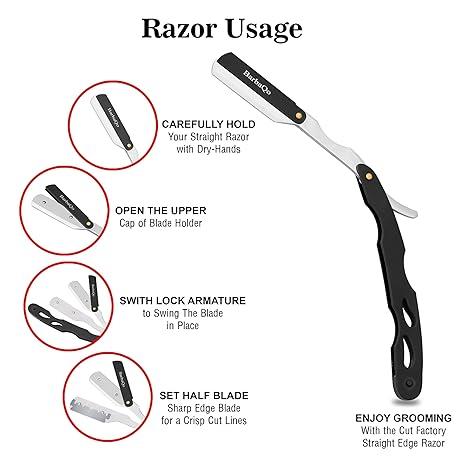 Straight Razor - Straight Razors for Men, BarbaQo Professional Barber Razor with 10 Sinlge Blades, 100% Stainless Steel Straight Razor for Close Shaving