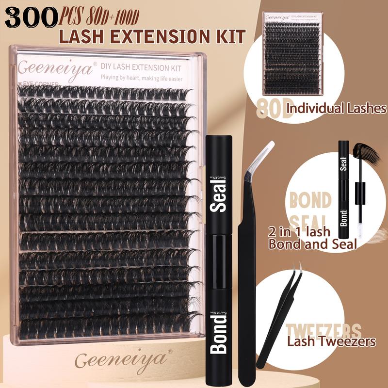 Geeneiya Volume Lash Clusters Kit with Lash Bond and Seal, Tweezers for Beginners and Proficient (10-18MM, 80D+100D)