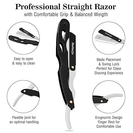 Straight Razor - Straight Razors for Men, BarbaQo Professional Barber Razor with 10 Sinlge Blades, 100% Stainless Steel Straight Razor for Close Shaving