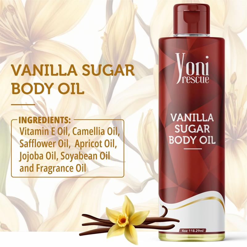 Vanilla Sugar Body Oil, 4oz with Apricot, Jojoba, Avocado Oils & Vitamin E Oil, Fast-Absorbing, Nourishes and Hydrates Skin, Skin Repair, Body Care, Ideal for All Skin Types, Sugar & Vanilla Fragrance Moisturizer by Yoni Rescue warm vanilla Vanilla Bean