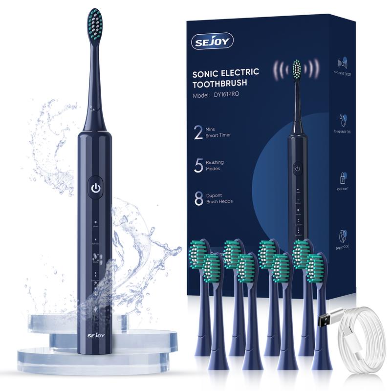 SEJOY Sonic Electric Toothbrush Rechargeable Power 5 Modes Timer, With 8 Brush Heads