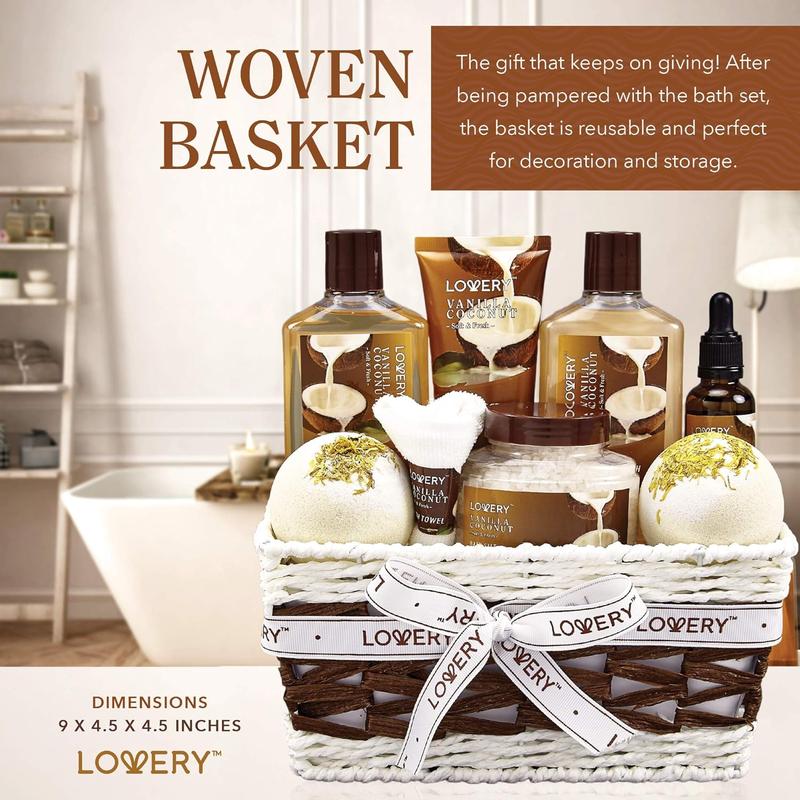 Bath and Body Gift Basket For Women and Men – 9 Piece Set of Vanilla Coconut Home Spa Set, Includes Fragrant Lotions, Extra Large Bath Bombs, Coconut Oil, Luxurious Bath Towel & More