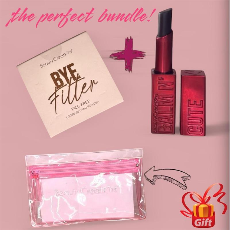 Everything you need for a perfect beauty routine in one chic bundle - THE PERFECT BUNDLE  - BYE FILTER TRANSLUCENT DREAM + BALM N CUTE CHERRY + WATER RESISTANT ZIPPERED TRAVEL COSMETIC POUCH - BEAUTY CREATIONS Matte Smooth Lightweight Makeup