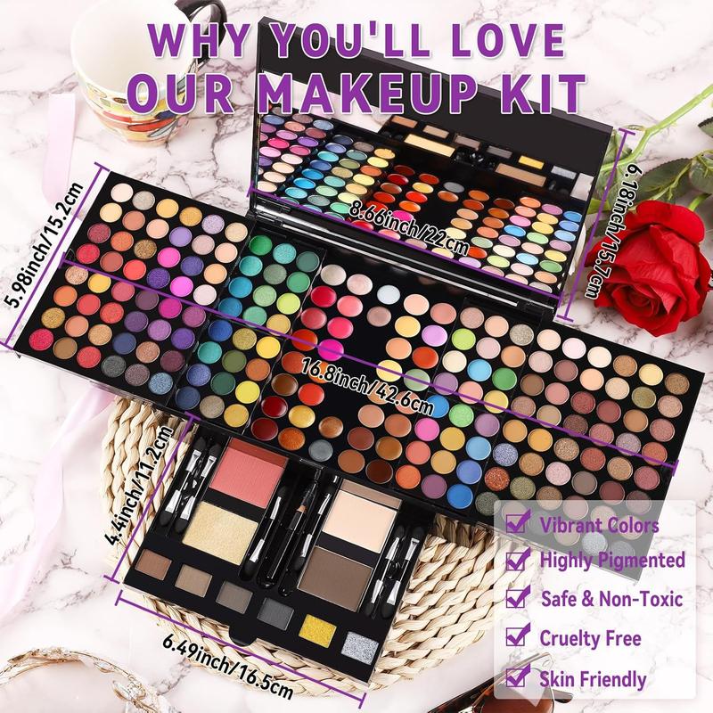 Makeup Sets Full Kits - 190 Colors Cosmetic Gift Set with Eyeshadow, Blush, Eyebrow Powder, Face Concealer, Eyeliner Pencil, and Full-Size Mirror, Complete Makeup Palette Kit