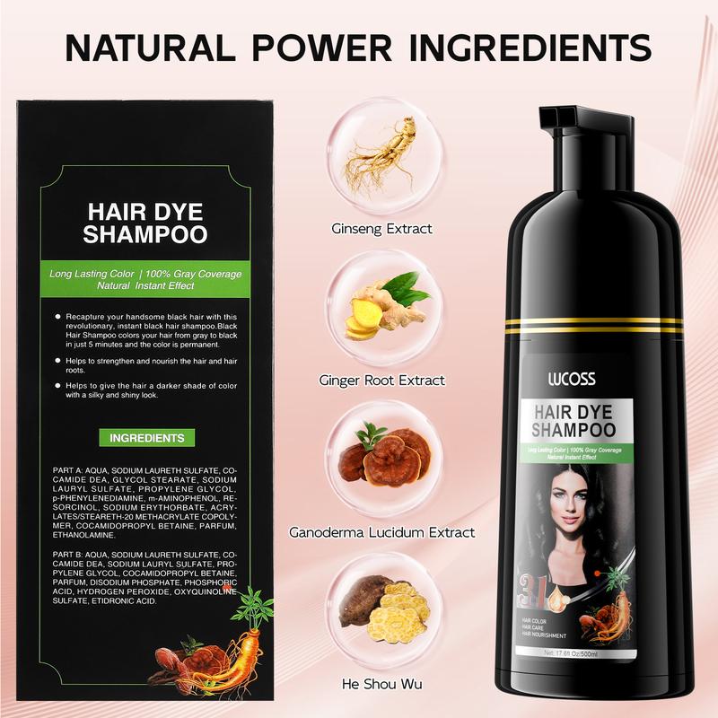 Lucoss Black hair dye, Dark Brown Hair Color Shampoo for Gray Hair 500ML, Unisex hair dye shampoo, 3 in 1 Hair dye shampoo 500ml, safe natural shampoo, Thanksgiving and Christmas gifts