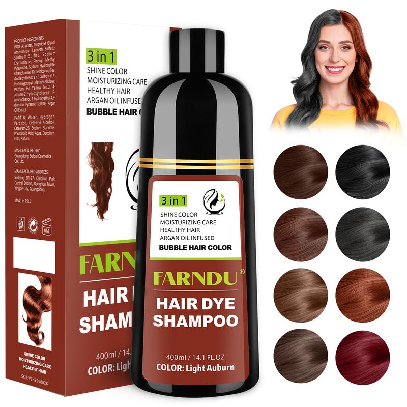 FARNDU-Hair Dye Shampoo(Buy 1 Get 7), Gray Hair Coverage, 3 in 1 (+Shampoo+Conditioner), Multiple Colors Available, 10 Mins Hair Color, Glossy and bright, For Men & Women, Long Lasting, Plant extracts, Fruity aroma Ammonia-Free Mild (400 mL)-Light Auburn