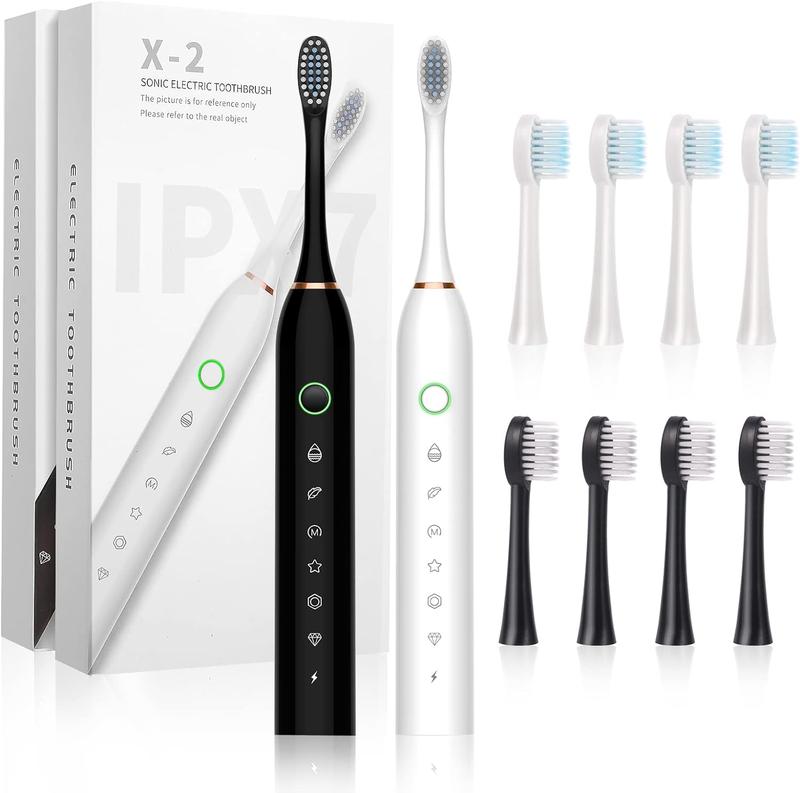 2 Pack Sonic Electric Toothbrush for Adults and Kids, Rechargeable Electric Toothbrushe with 8 Brush Heads, 6 Modes, 2 Minutes Smart Timer, 4 Hours Fast Charge for 45 Days(White-Black)