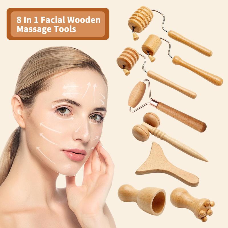 Wooden Facial Massage Tool Set, 8 Counts set Manual Massage Tool for Face Sculpting, Personal Face Massager, Body Care Tool for Women