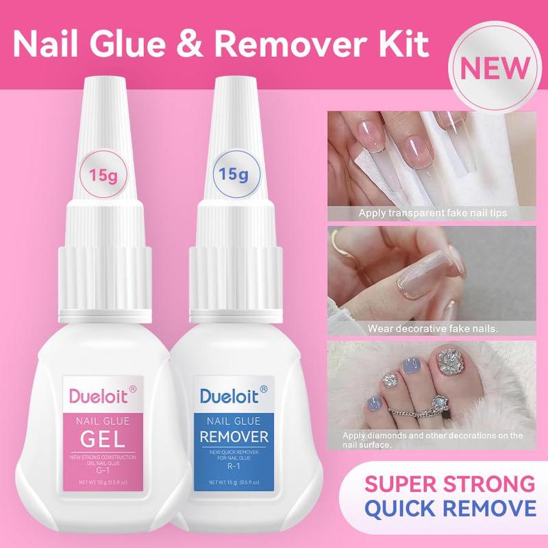 Nail Glue & Remover Kit (2 Counts set), Quick-drying & Long-lasting and Strong Nail Art Gel, Professional Nail Art & Nail Polish Remover, Christmas Gift