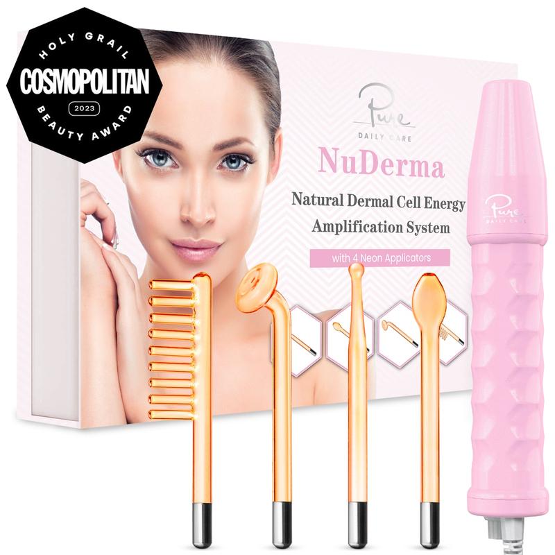 NuDerma High Frequency Wand - Pink with 4 Neon-Powered Applicators and Headband - TikTok Exclusive - Pure Daily Care