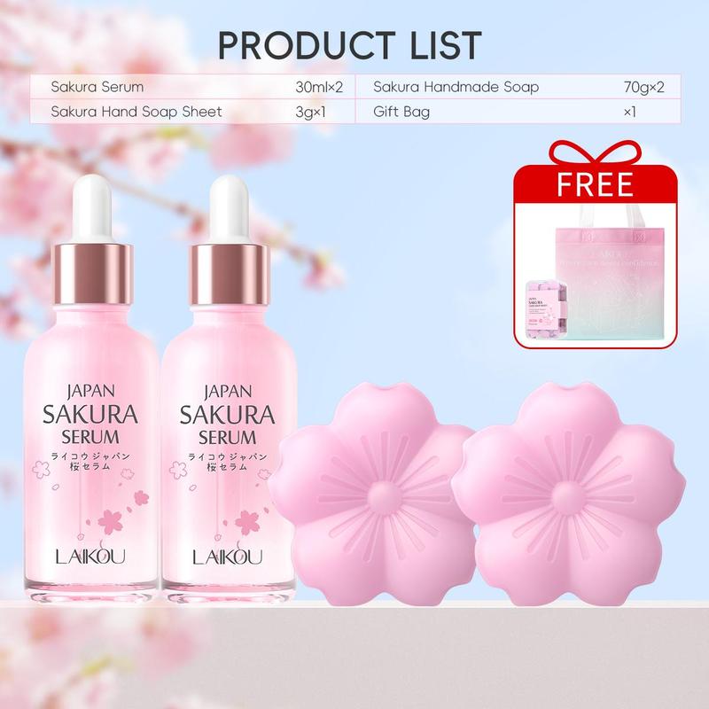 Sakura Skin Care Kit, Moisturizing Serum & Soap Bar & Bag & Hand Soap Tablets, Hydrating Skin Care Kit for Women & Girls