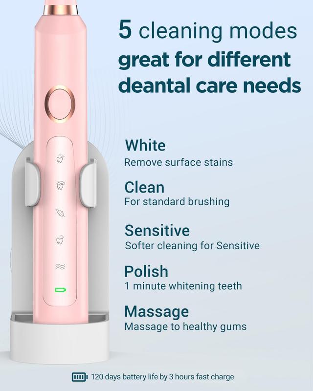 RTAUYS M5 Sonic Electric Toothbrush for Adults - Rechargeable Electric Toothbrushes with 8 Brush Heads & Holder, Travel Case, Power Electric Toothbrush with Holder，120 Days Battery Life