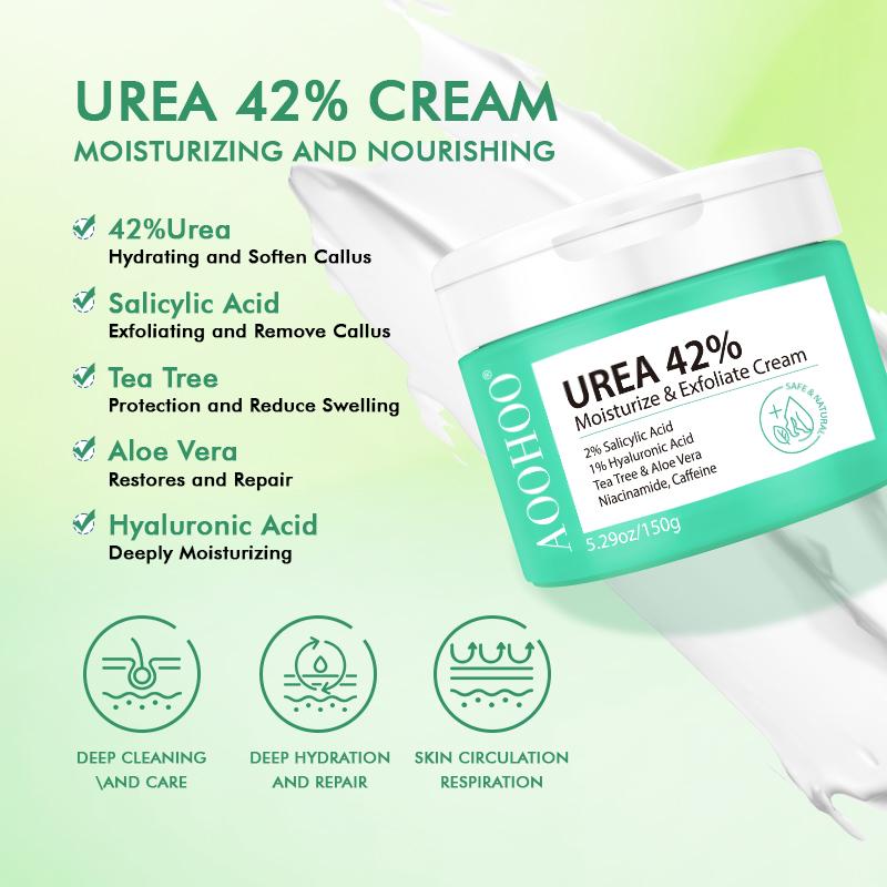 42% Urea AOOHOO Cream Moisturize & Exfoliate Cream 5.29 0z(150g) Foot&Hand Cream for Dry Cracked Heels, Feet, Knees, Elbows, Hands, Corn&Dead Skin&Cuticle Callus Remover, Toenail Softener, Keratolytic Skin Barrier Repair Cream,Calloused Feet&Athletes Foot