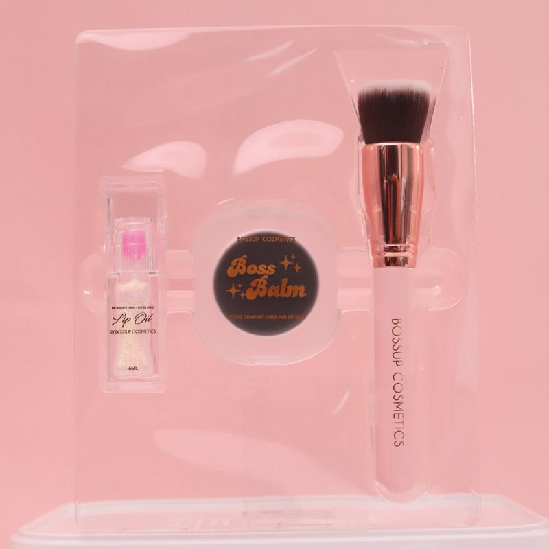 BossUp Cosmetics Beauty Bundle: Color Changing Lip Oil + Black Color Changing Blush + Blending Brush - Makeup