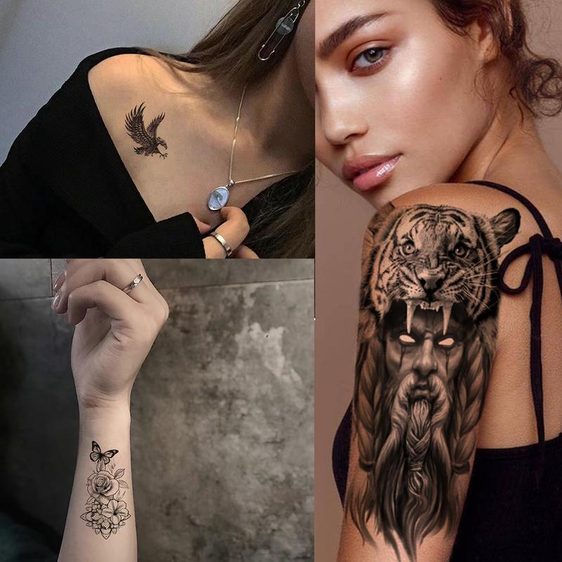 Teens 36 Sheets Large Black Arm Temporary Tattoos For Men Forearm Women Thigh, Half Sleeve Animals Lion Tiger Wolf Temp Tattoo Stickers Adults, Death Skull Compass Flower Fake Tattoos That Look Real Durable  Teens