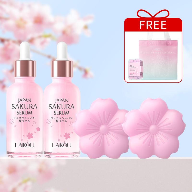 Sakura Skin Care Kit, Moisturizing Serum & Soap Bar & Bag & Hand Soap Tablets, Hydrating Skin Care Kit for Women & Girls