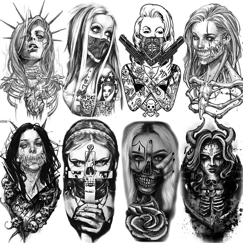 8pcs Cartoon Scary Girls Pattern Temporary Tattoo, Waterproof Realistic Tattoo Sticker for Festival Party Vacation