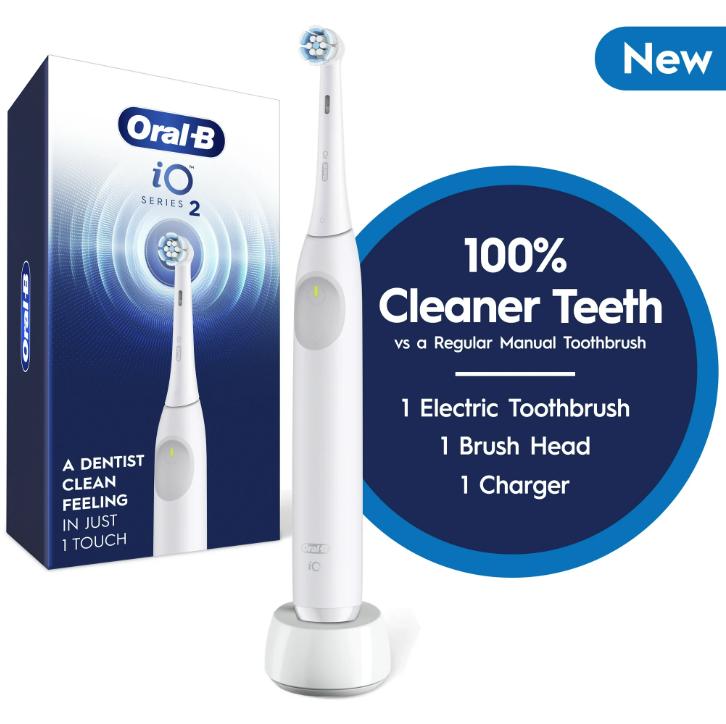 Oral-B iO Series 2 Rechargeable Electric Toothbrush, White with 1 Gentle Brush Head - Pressure Sensor 3 Modes 2 Min Timer