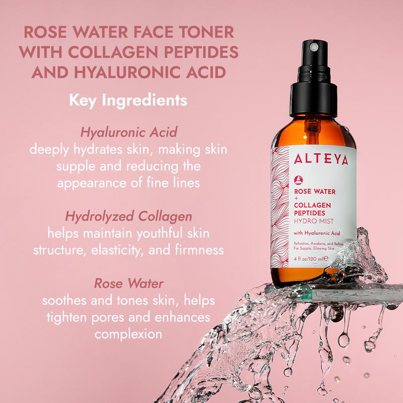 Alteya Rose Water Hydro Mist - Gentle Facial Toner with Collagen Peptides and Hyaluronic Acid - Hydrating Facial Skincare - Safe for Sensitive Skin