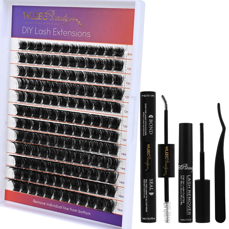 Wleec Beauty Lash Extension Kit, 280PCS D Curl Lash Clusters Kit with Lash Bond and Seal, Lash Remover, Lash Tweezers, Mix 8-16mm Brown Lash Clusters Wispy, Individual Lashes D Curl Cluster Eyelash Extension Makeup for DIY Lash Extension Kit at Home