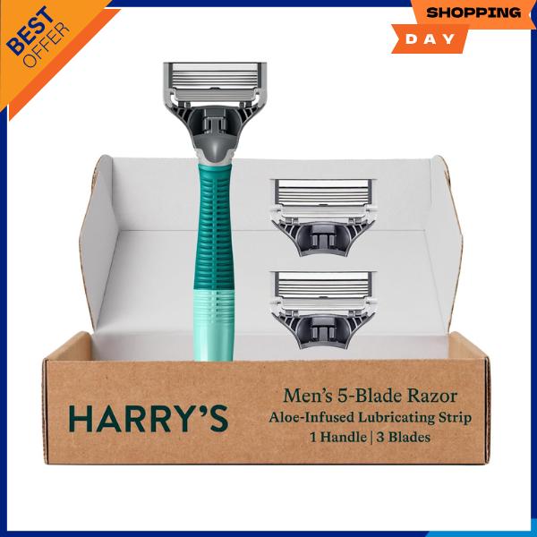 Harry's Razors for Men, 1 Handle (Sage) and 3 Razor Blade Refills with German Engineered 5-Blade Technology