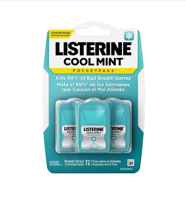 Listerine Cool Mint Pocketpaks Breath Strips Kills Bad Breath Germs, 24-Strip Pack, 3 Pack spray bucal