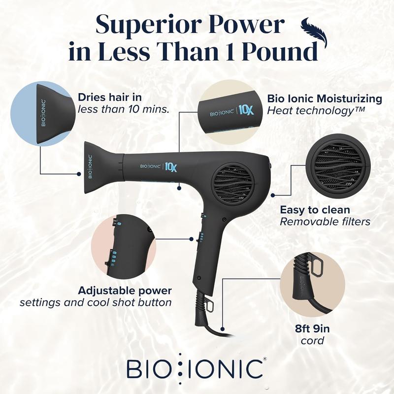 Bio Ionic 10X UltraLight Speed Hair Dryer, Blow Dryer with Adjustable Heat & Speed, Professional Hair Dryer for Fast Frizz-Free & Shiny Hair