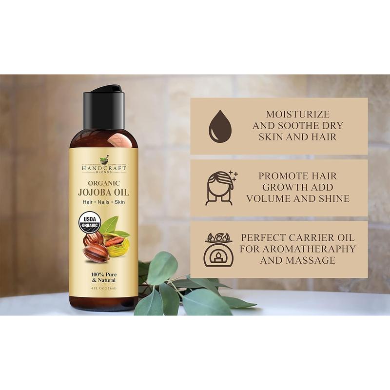 Handcraft Blends USDA Organic Jojoba Oil - 4 Fl Oz - 100% Pure and Natural - Premium Grade Oil for Skin and Hair - Anti-Aging Oil - Cold-Pressed and Hexane-Free Handcraft Blends Handcraft Blends Handcraft Blends Handcraft Blends