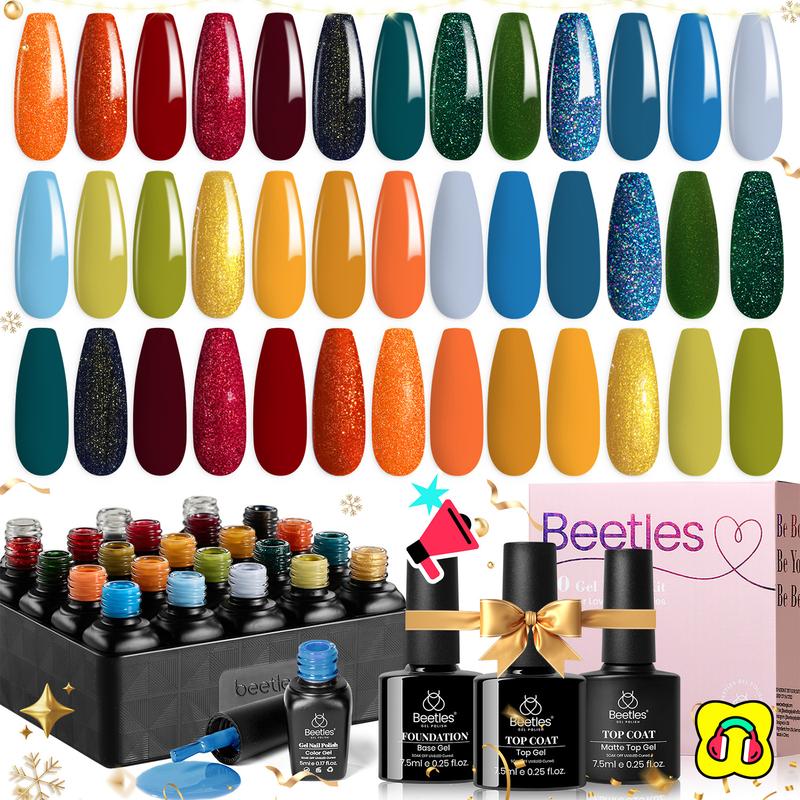 Beetles Gel Polish 23Pcs Gel Colors Red Green Blue Orange Fall Autumn Gel Nail Polish Set with Base Gel Top Coat Soak off UV Golden Glitter Glossy Nail Kit Gifts for Women Girls